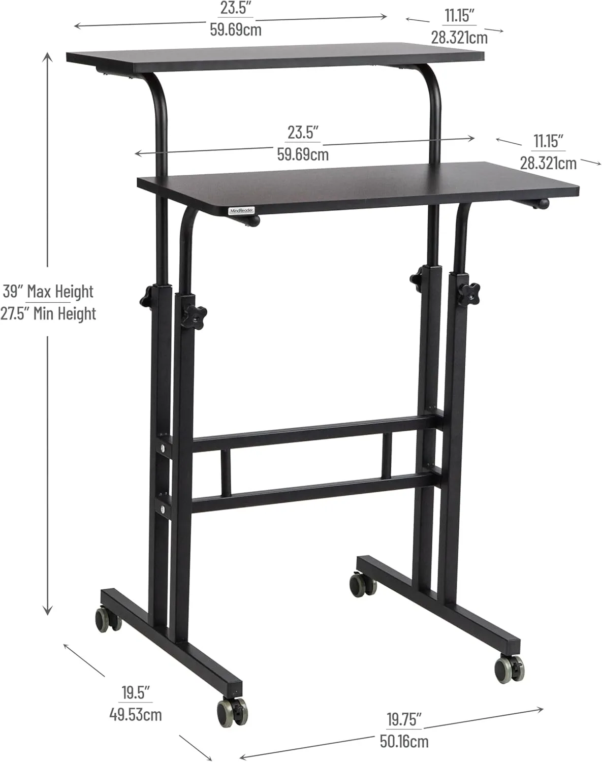 Mind Reader Standing Desk, Adjustable Height, Computer Desk, Laptop Desk, Portable, Rolling, 38" L x 21.25" W x 45.25" H
