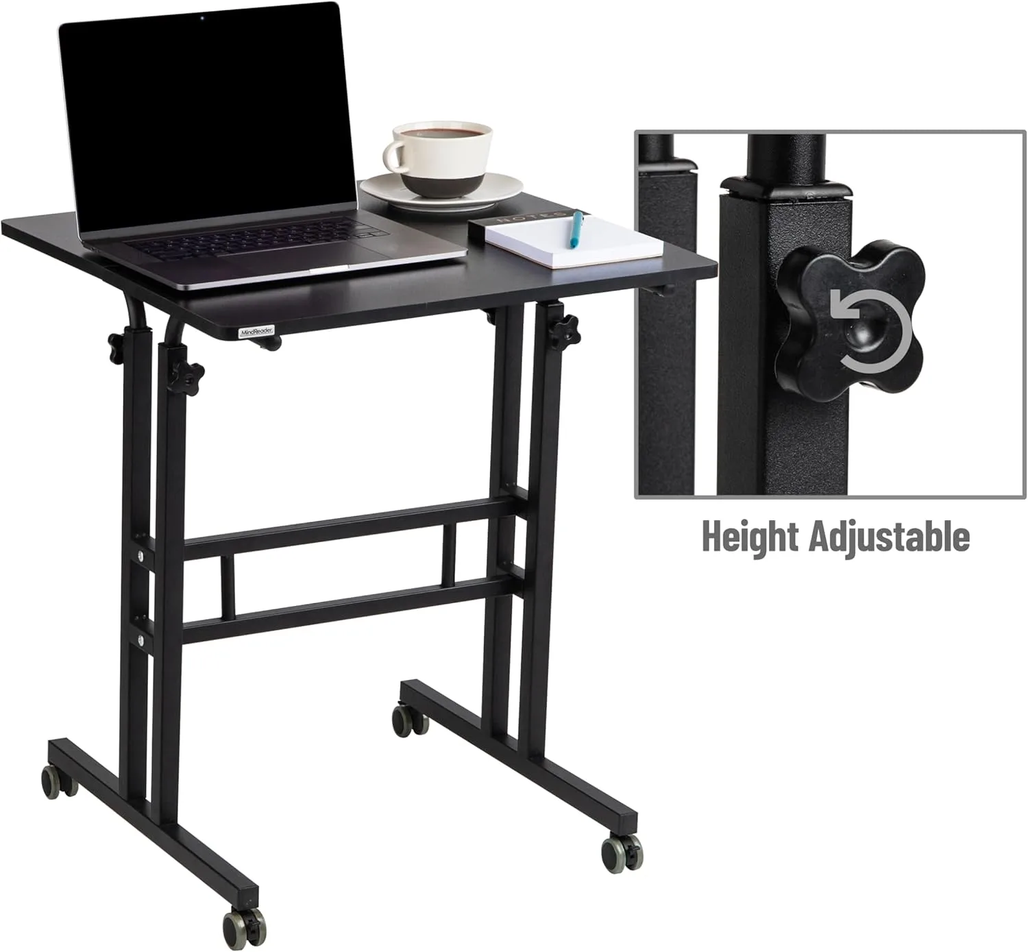 Mind Reader Standing Desk, Adjustable Height, Computer Desk, Laptop Desk, Portable, Rolling, 38" L x 21.25" W x 45.25" H