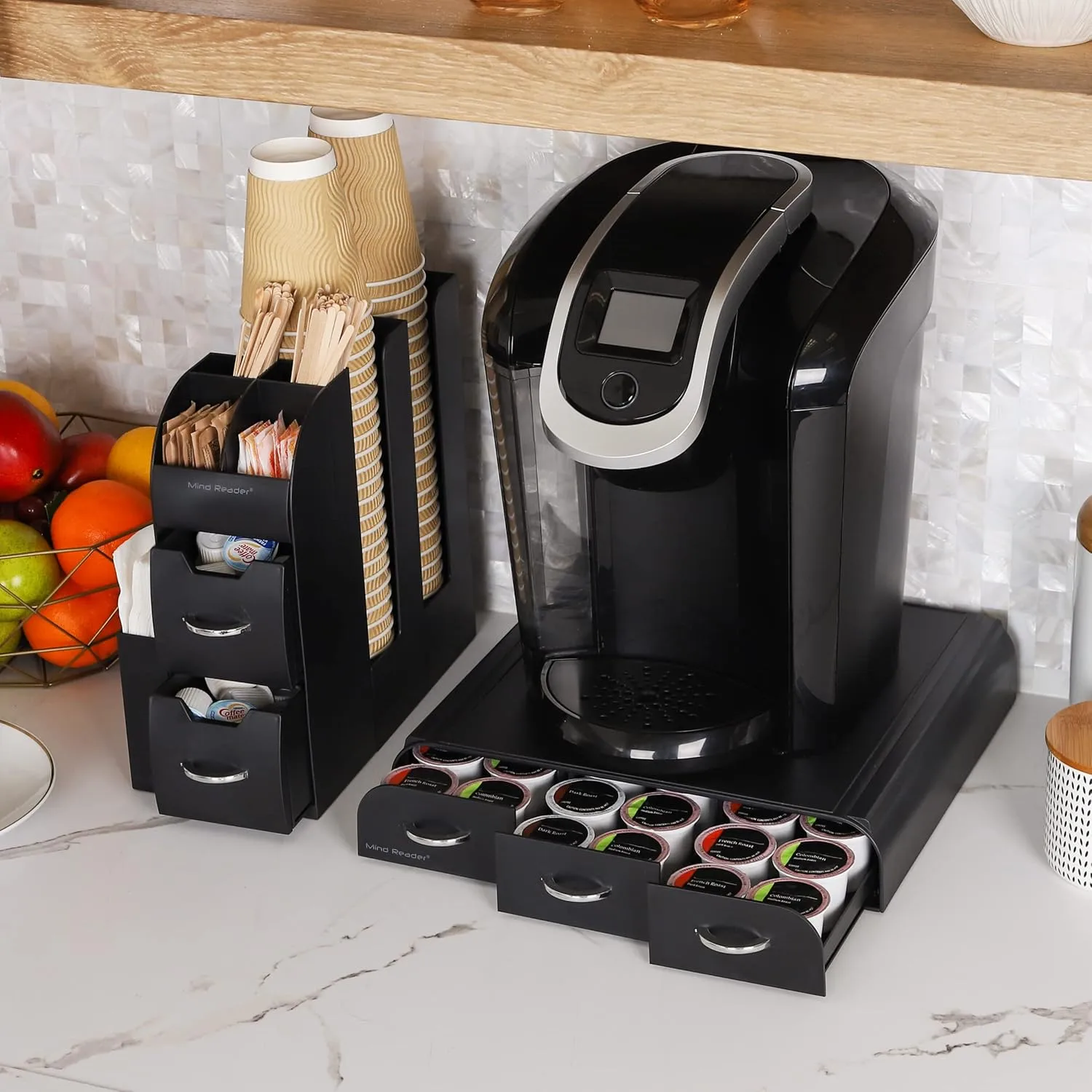 Mind Reader Single Serve Coffee Pod Drawer and Cup Condiment Set, 2 Pcs., 36 Pod Capacity, 5.35"L x 11.25"W x 11.15"H, Black