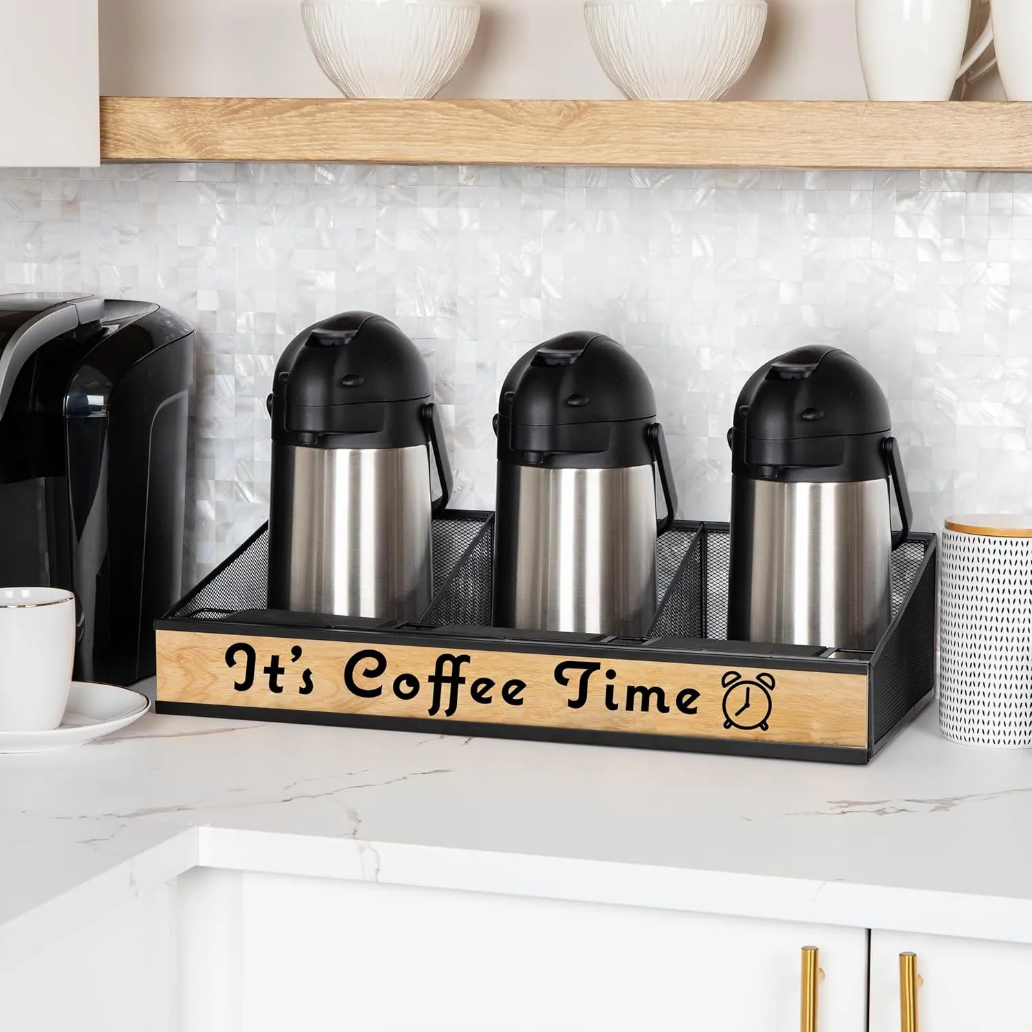 Mind Reader Airpot Serving Station, Coffee Bar Accessories, Countertop Organizer, Wire Mesh, 24" L x 12" W x 6" H, Black