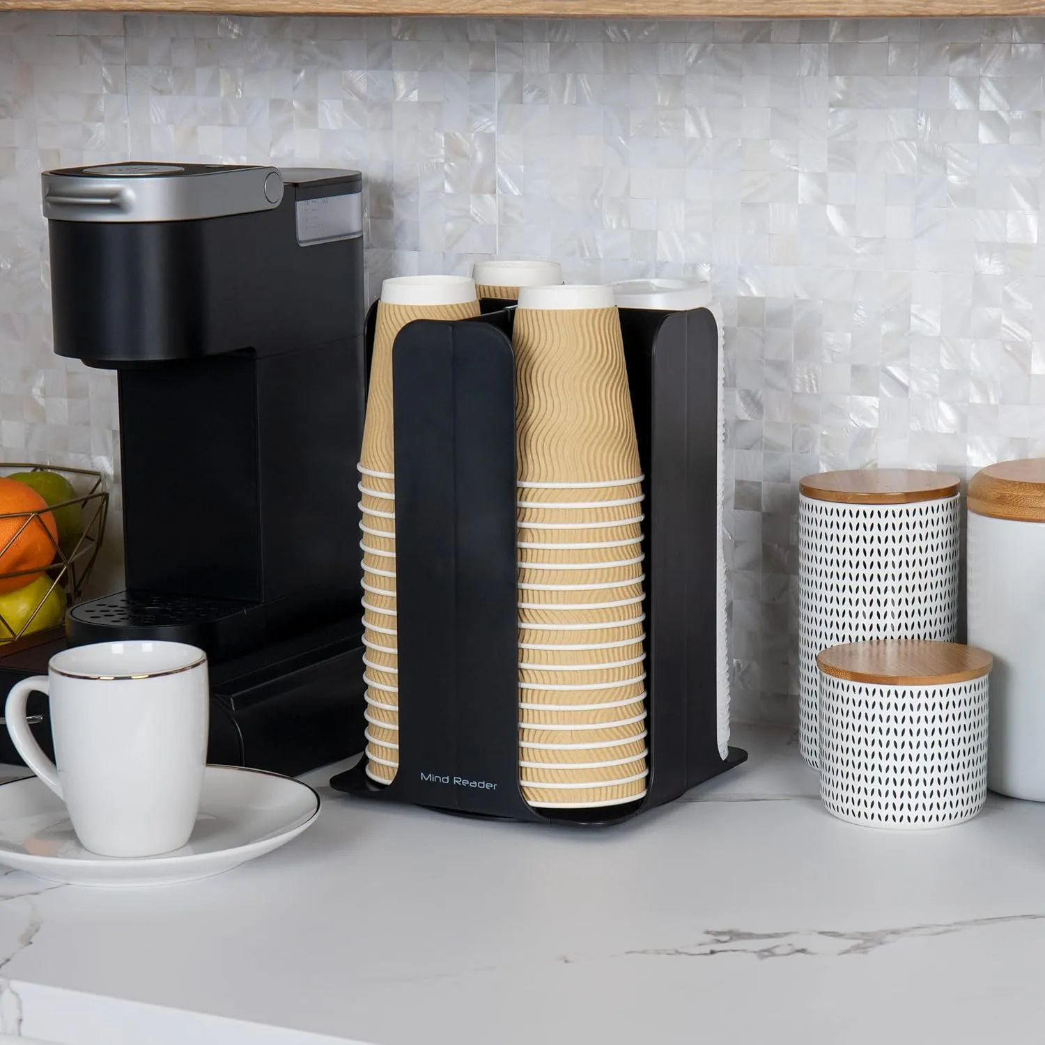 Mind Reader 4-Compartment Coffee Cup and Lid Carousel, Countertop Organizer, 7-3/4in L x 7-3/4in W x 11-1/2in H, Black