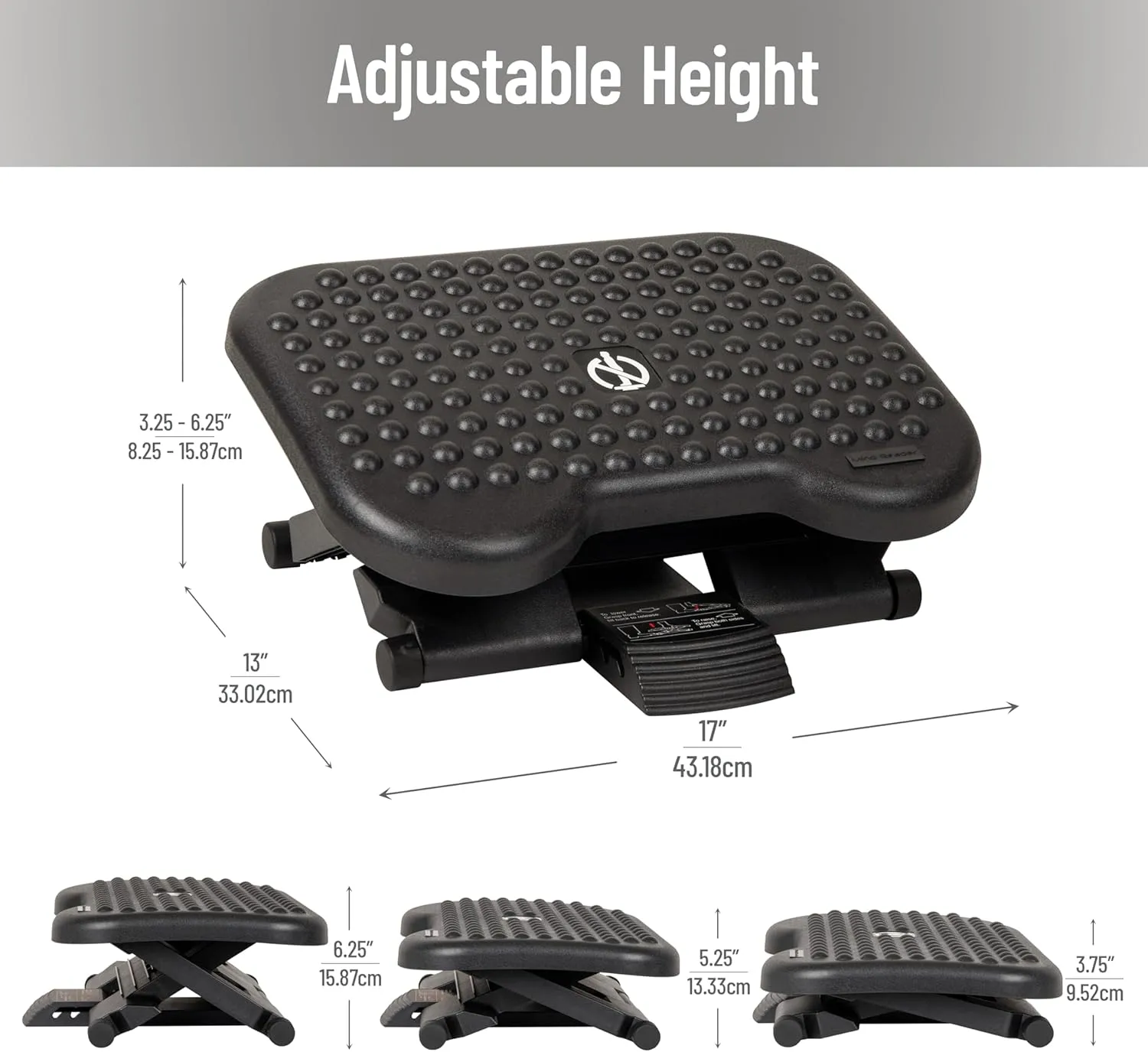 Mind Reader Foot Rest, Under Desk at Work, Ergonomic, Height Adjustable, Office, Plastic, 17" L x 13" W x 6.25" H, Set of 2
