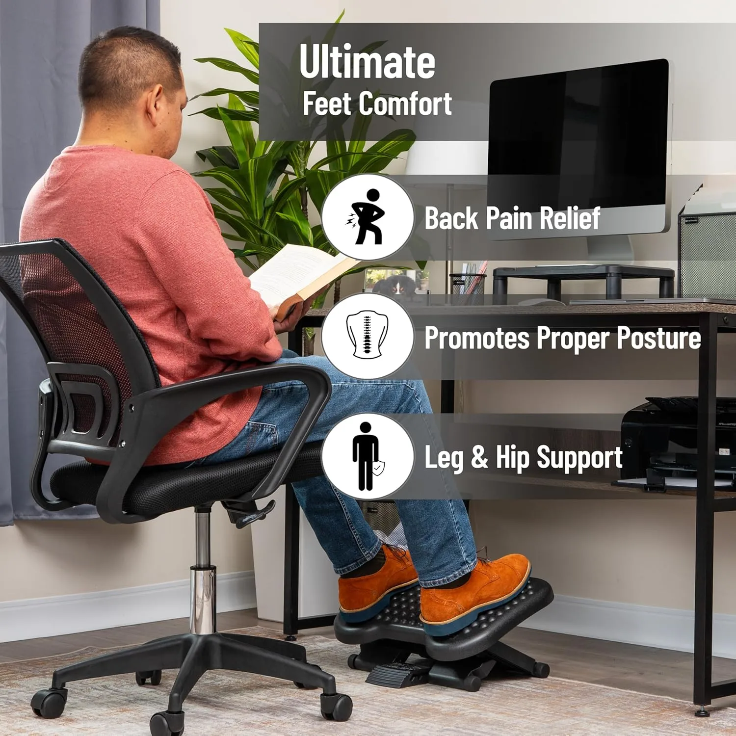 Mind Reader Foot Rest, Under Desk at Work, Ergonomic, Height Adjustable, Office, Plastic, 17" L x 13" W x 6.25" H, Set of 2