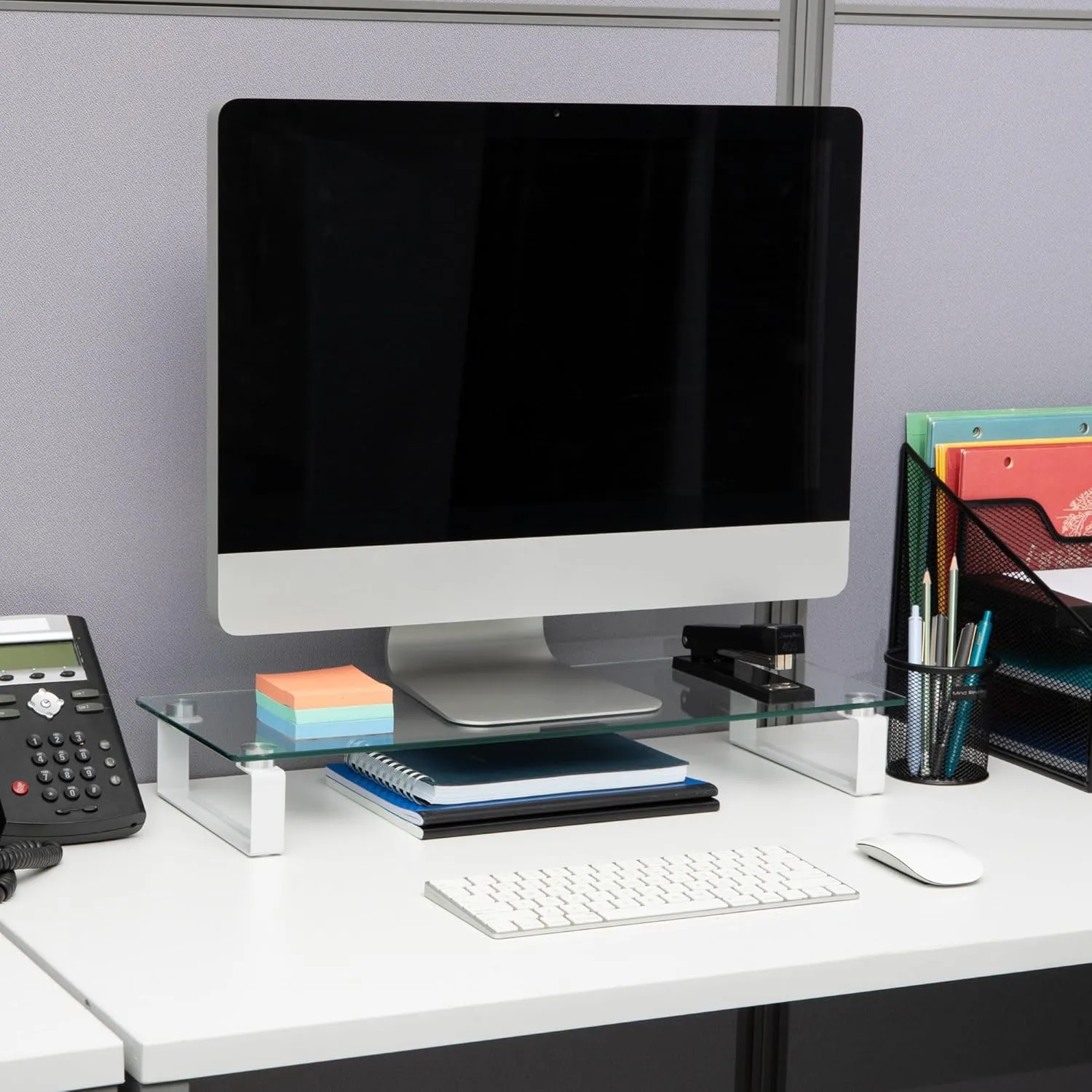 Mind Reader Monitor Stand, Contemporary, Desktop Organizer, Laptop Riser, Office, Glass, 22" L x 8.25" W x 3" H, Clear