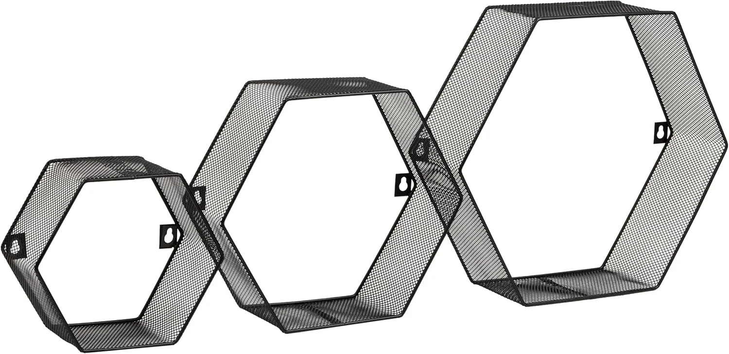 Mind Reader Hexagon Floating Shelves, Wall Decor, Honeycomb Accent Shelf, Office, Metal Mesh, 14" L x 4" W x 12" H, Set of 3