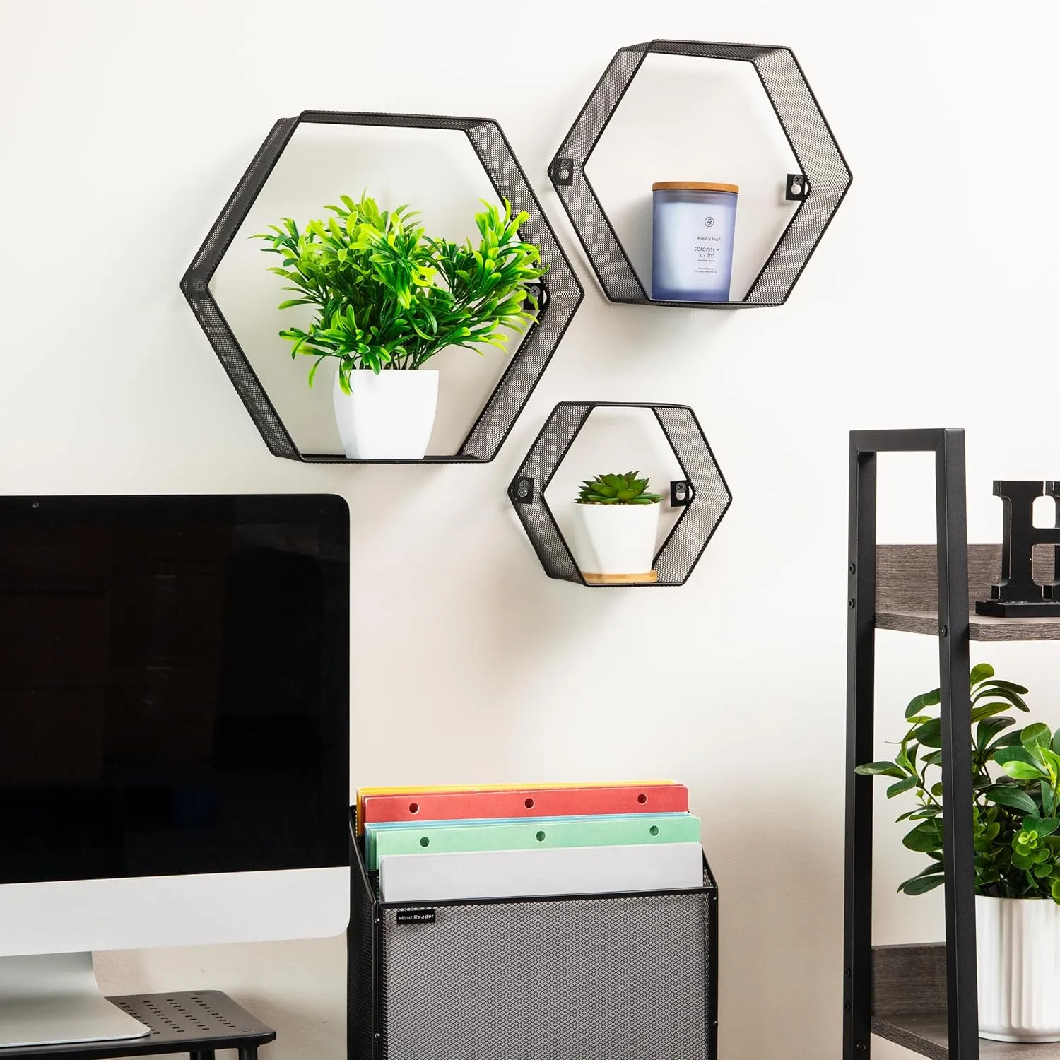 Mind Reader Hexagon Floating Shelves, Wall Decor, Honeycomb Accent Shelf, Office, Metal Mesh, 14" L x 4" W x 12" H, Set of 3