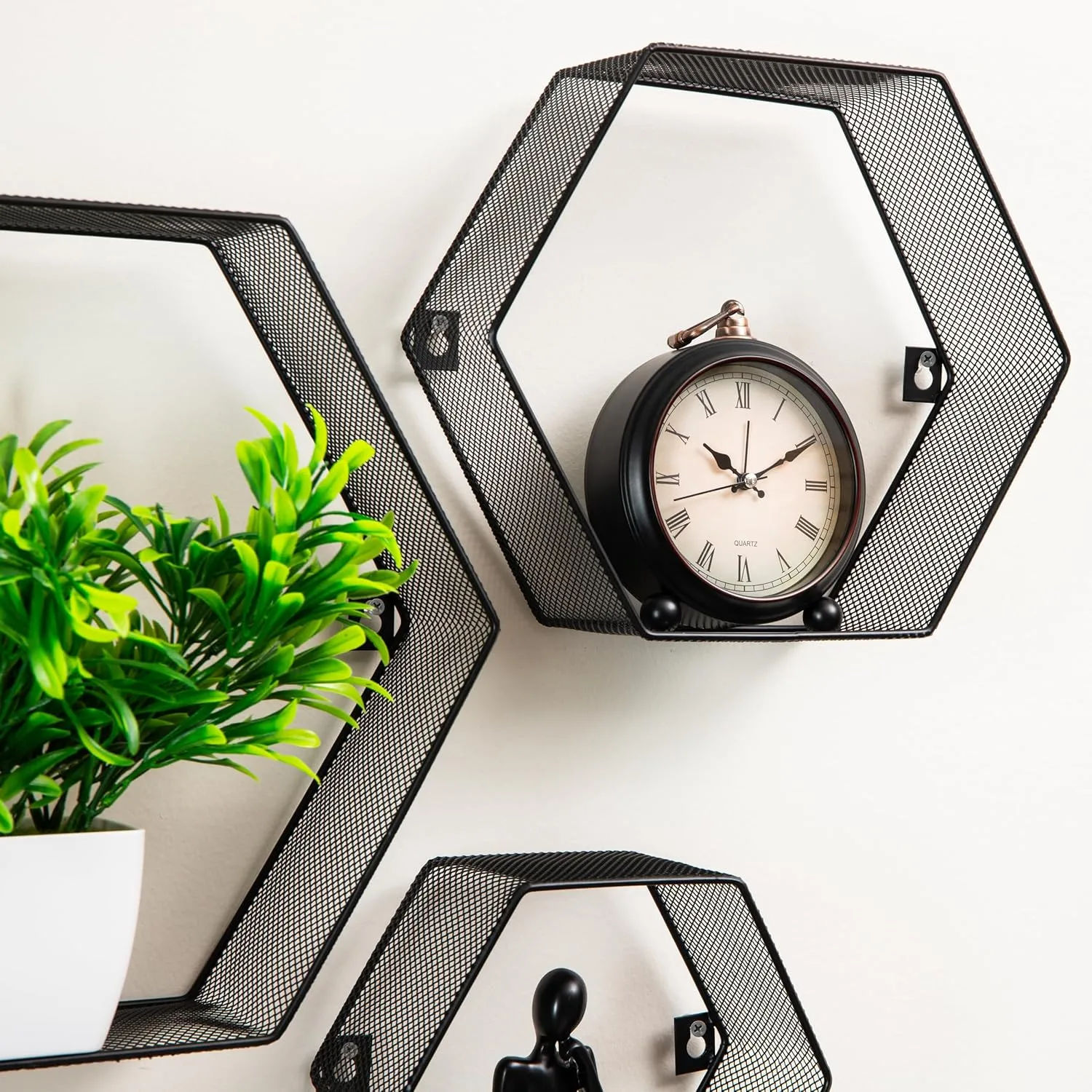 Mind Reader Hexagon Floating Shelves, Wall Decor, Honeycomb Accent Shelf, Office, Metal Mesh, 14" L x 4" W x 12" H, Set of 3
