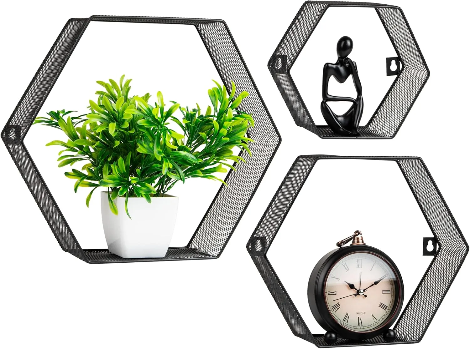 Mind Reader Hexagon Floating Shelves, Wall Decor, Honeycomb Accent Shelf, Office, Metal Mesh, 14" L x 4" W x 12" H, Set of 3