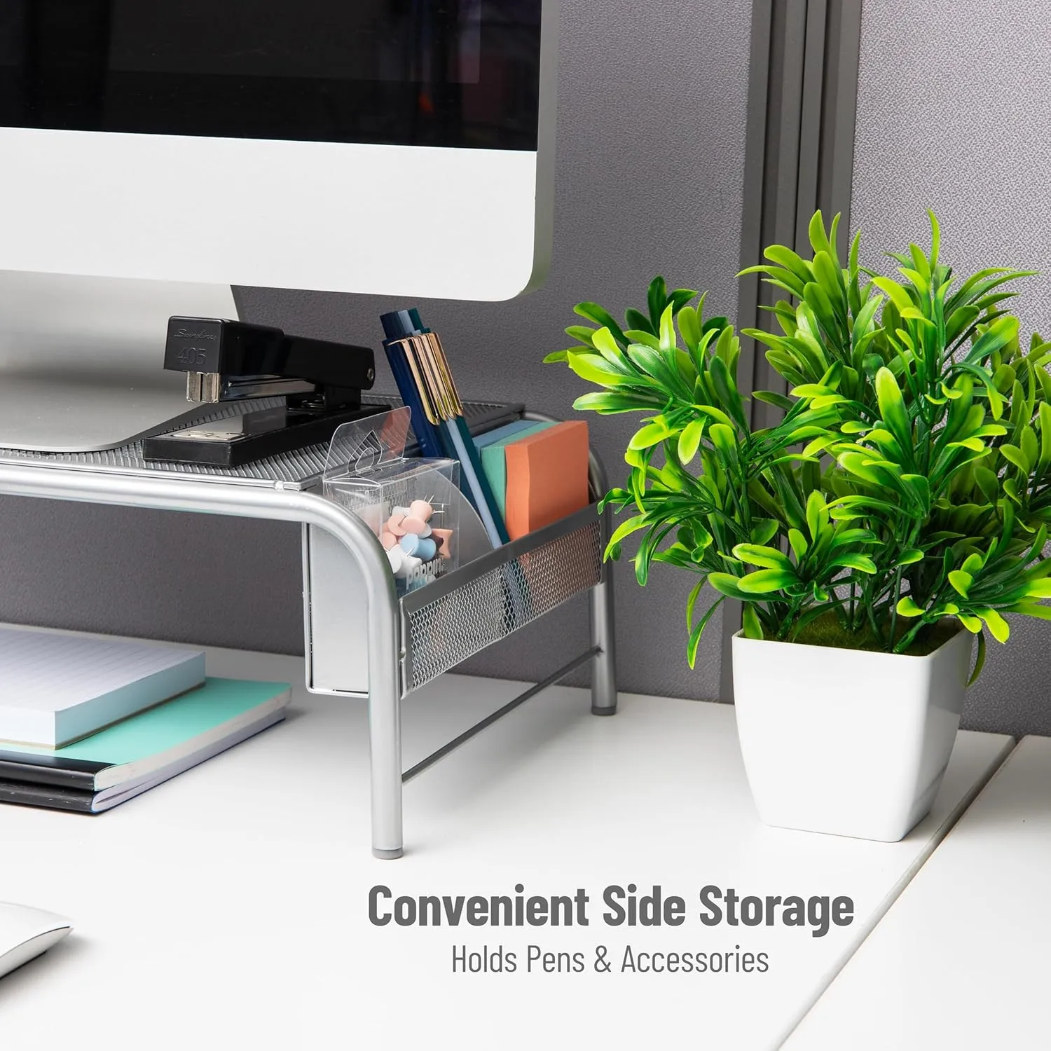 Mind Reader Monitor Stand, Ventilated Laptop Riser, Desktop Organizer, Side Storage, Metal Mesh, 20"L x 11.5"W x 5.5"H