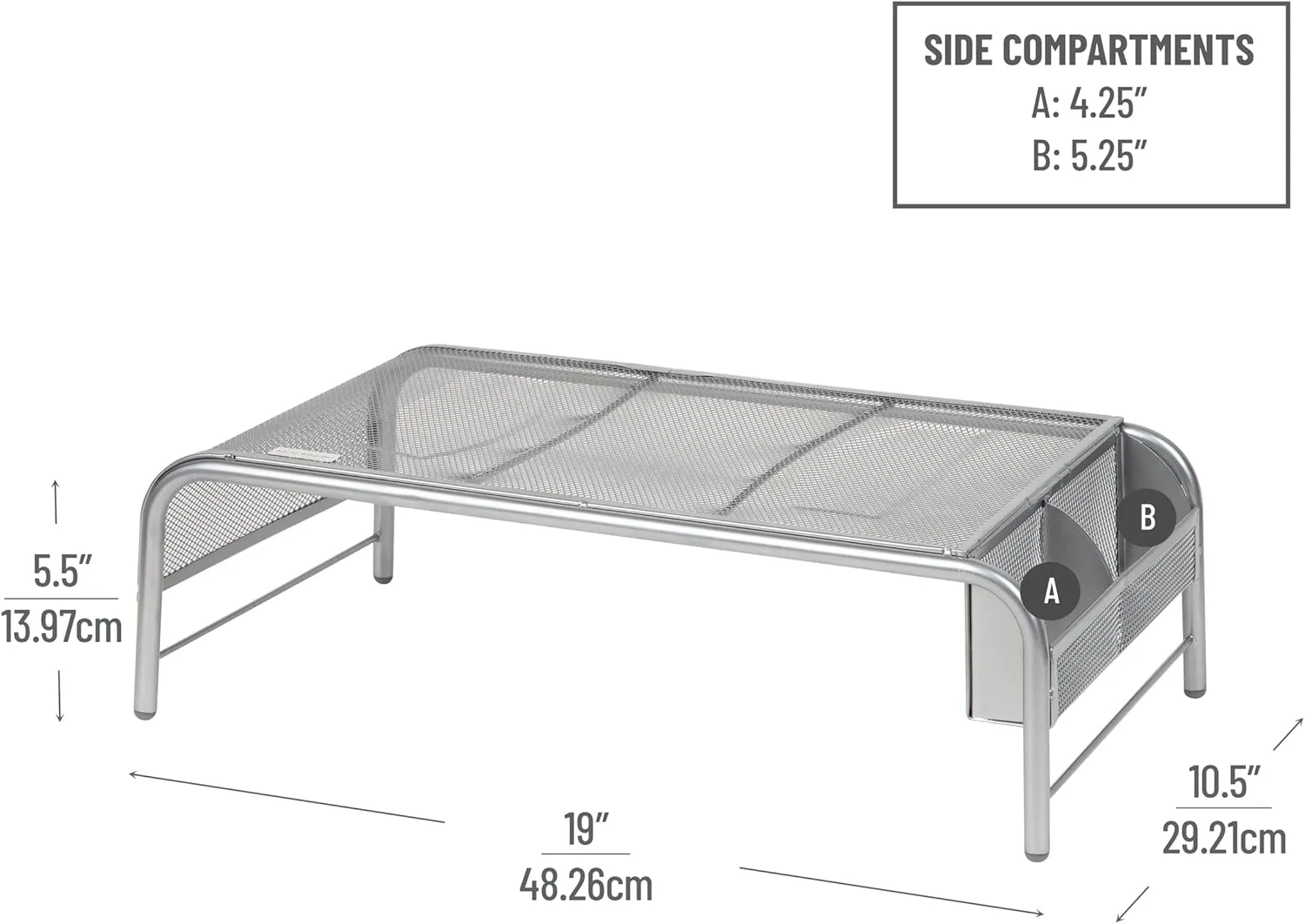 Mind Reader Monitor Stand, Ventilated Laptop Riser, Desktop Organizer, Side Storage, Metal Mesh, 20"L x 11.5"W x 5.5"H