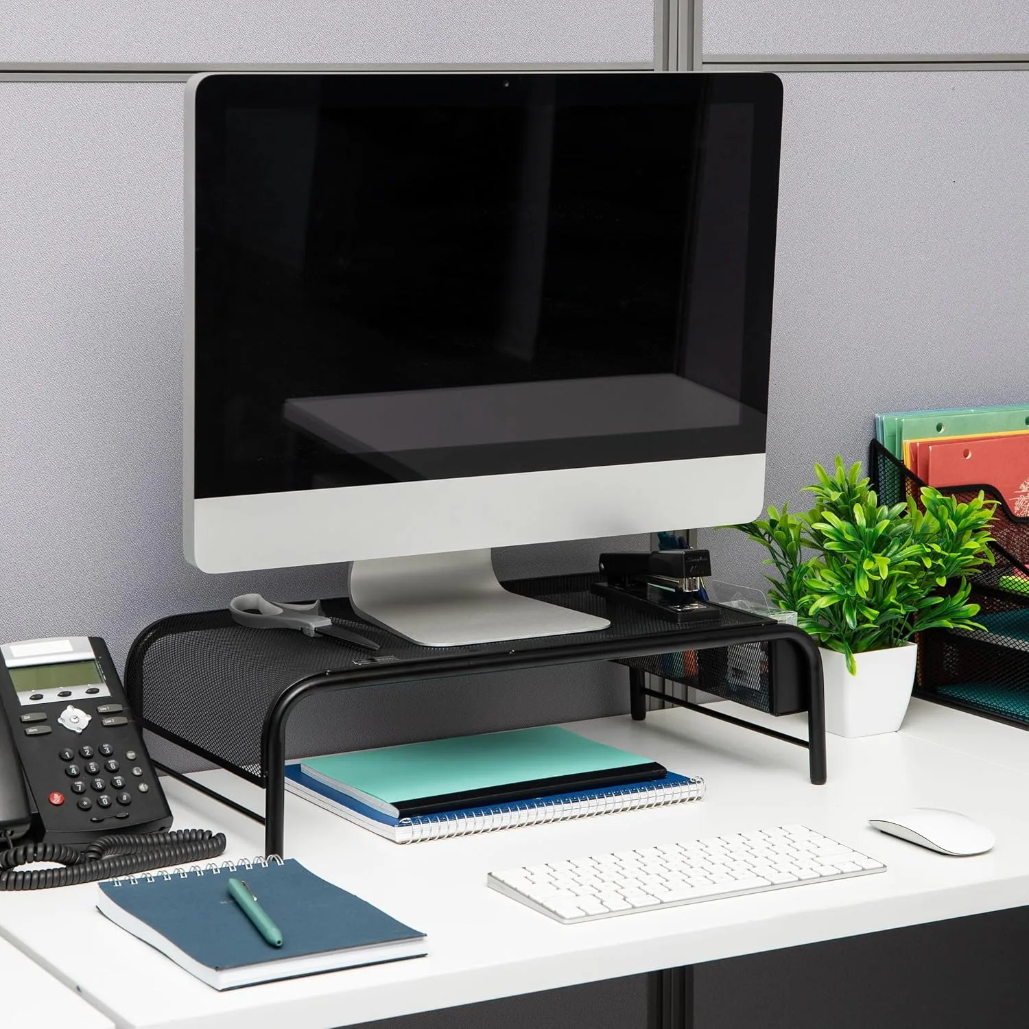 Mind Reader Monitor Stand, Ventilated Laptop Riser, Desktop Organizer, Side Storage, Metal Mesh, 20" L x 11.5" W x 5.5" H