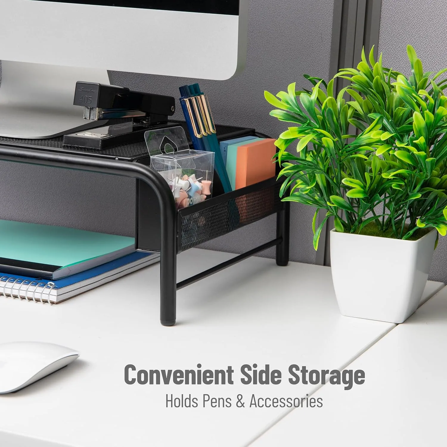 Mind Reader Monitor Stand, Ventilated Laptop Riser, Desktop Organizer, Side Storage, Metal Mesh, 20" L x 11.5" W x 5.5" H