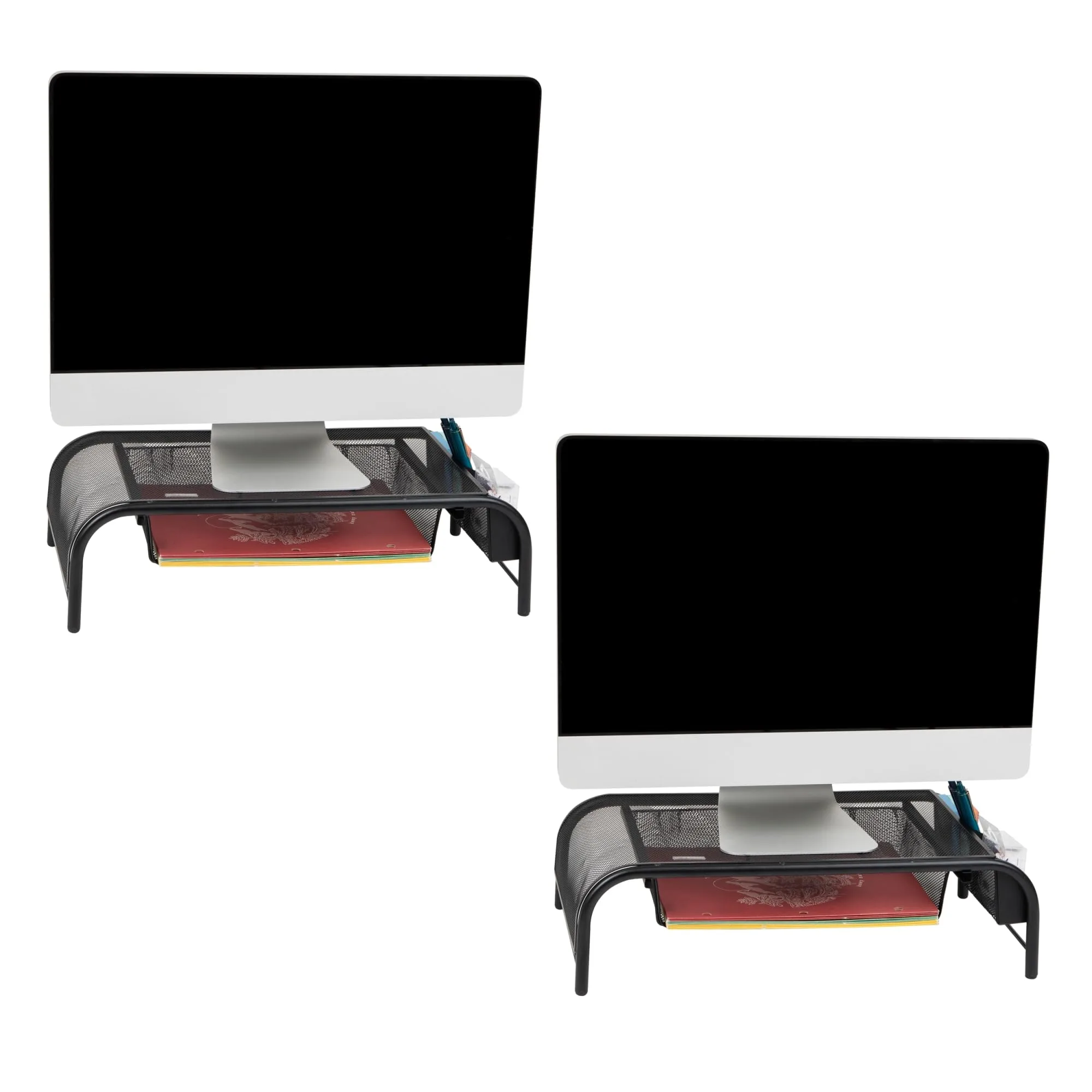 Mind Reader Monitor Stand, Ventilated Laptop Riser, Paper Tray, Office, Metal Mesh, 20" L x 11.5" W x 5.5" H, Set of 2, Black