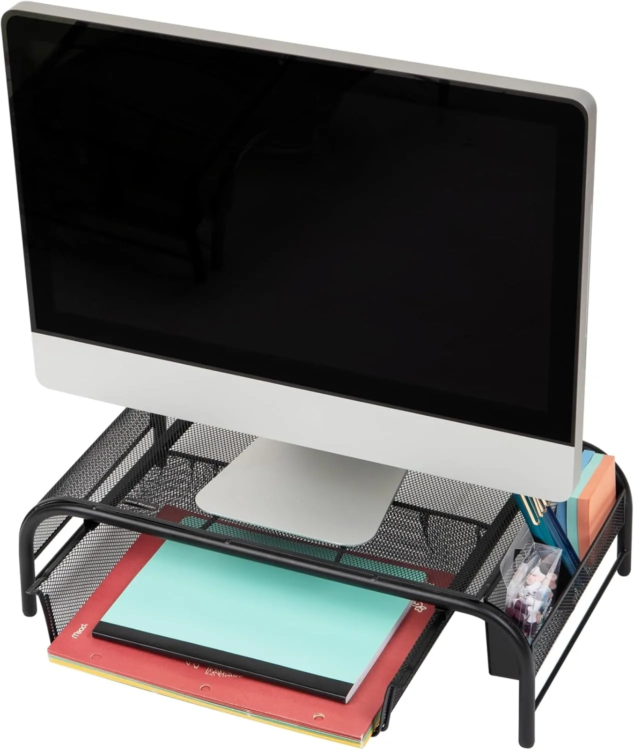 Mind Reader Monitor Stand, Ventilated Laptop Riser, Paper Tray, Office, Metal Mesh, 20" L x 11.5" W x 5.5" H, Set of 2, Black