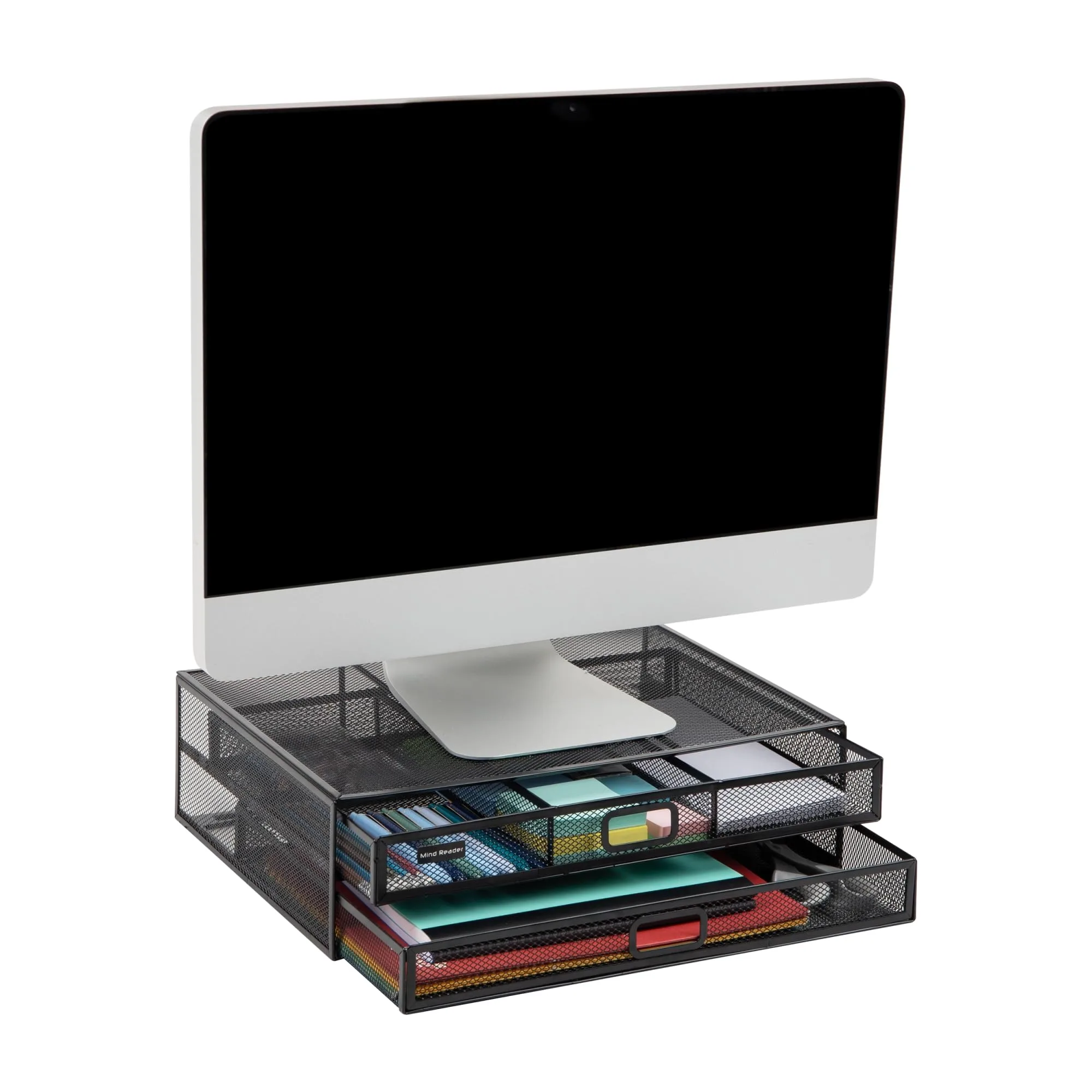 Mind Reader Monitor Stand, Ventilated Laptop Riser, Storage Drawer, Office, Metal Mesh, 15.75"L x 11.75"W x 4.5"H