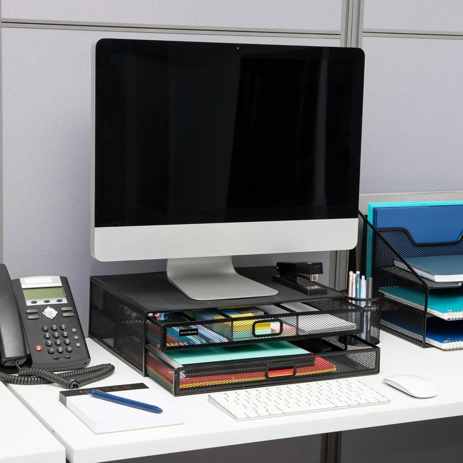 Mind Reader Monitor Stand, Ventilated Laptop Riser, Storage Drawer, Office, Metal Mesh, 15.75"L x 11.75"W x 4.5"H