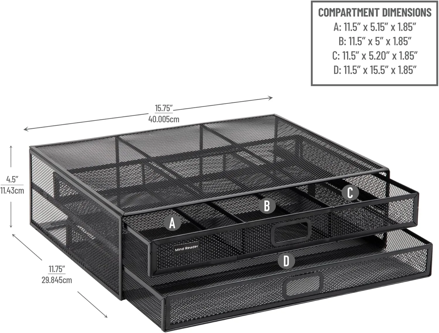 Mind Reader Monitor Stand, Ventilated Laptop Riser, Storage Drawer, Office, Metal Mesh, 15.75"L x 11.75"W x 4.5"H