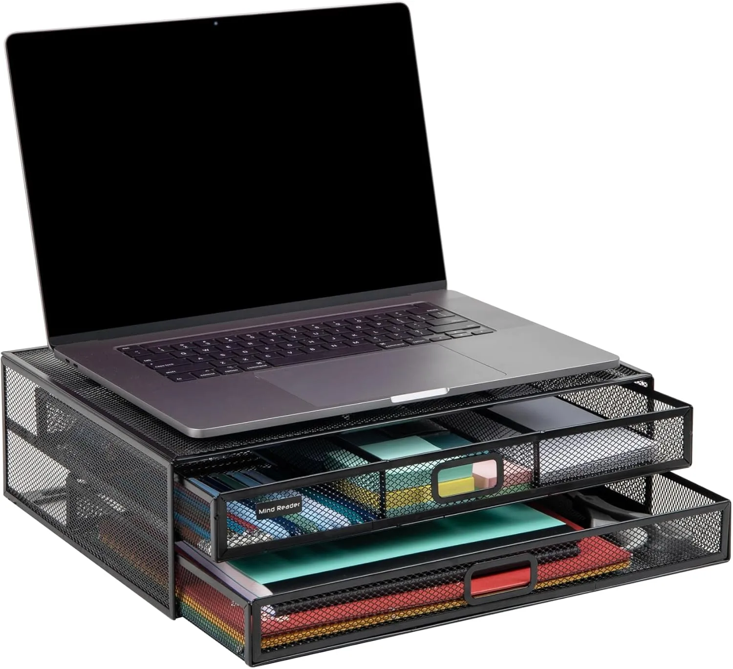 Mind Reader Monitor Stand, Ventilated Laptop Riser, Storage Drawer, Office, Metal Mesh, 15.75"L x 11.75"W x 4.5"H
