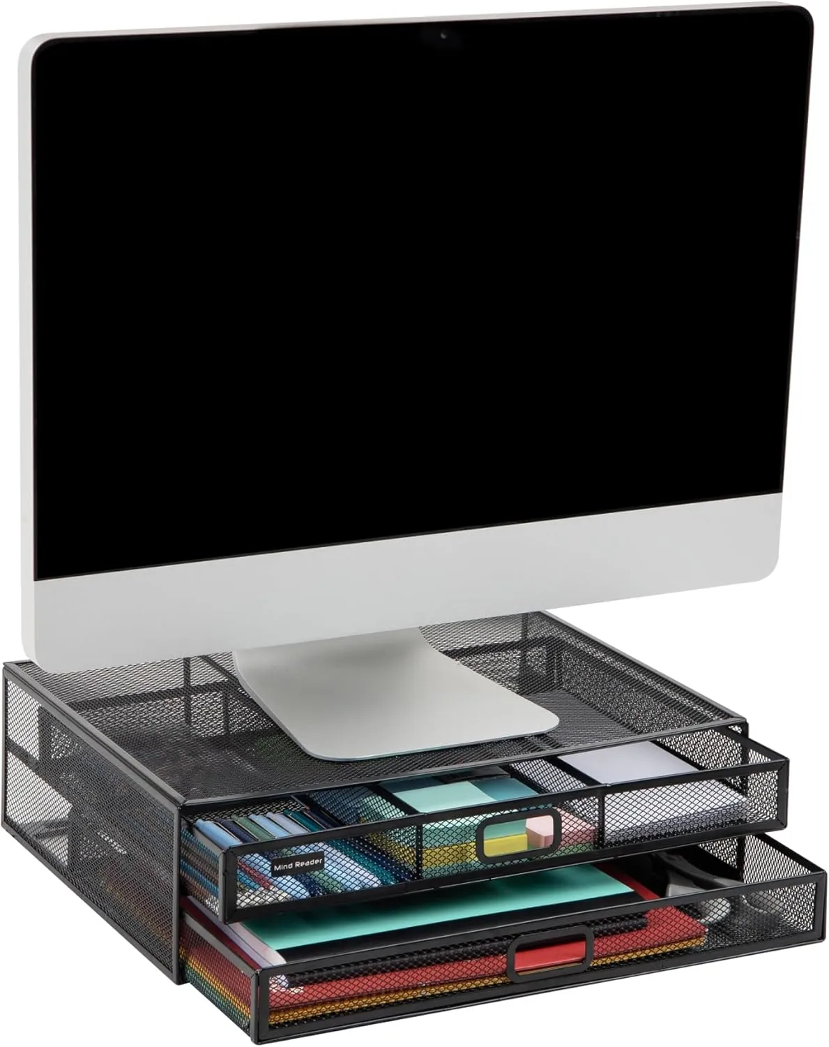 Mind Reader Monitor Stand, Ventilated Laptop Riser, Storage Drawer, Office, Metal Mesh, 15.75"L x 11.75"W x 4.5"H