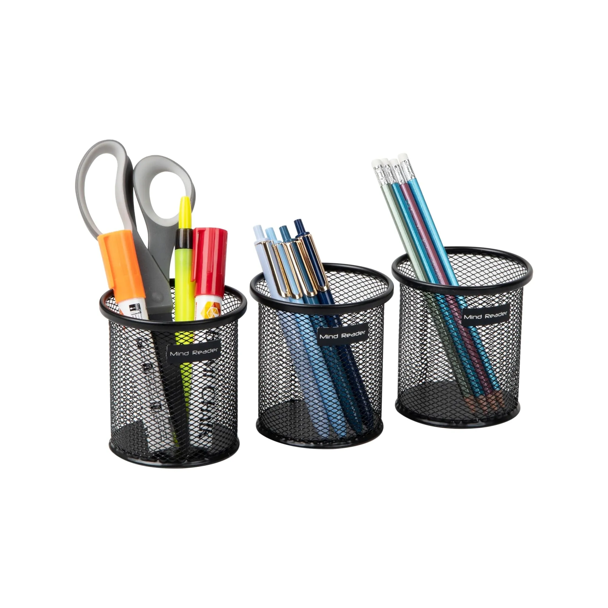 Mind Reader Pen and Accessories Holder, Desktop Organizer, Office, Metal Mesh, 3.5" L x 3.5" W x 3.75" H, Set of 3, Black