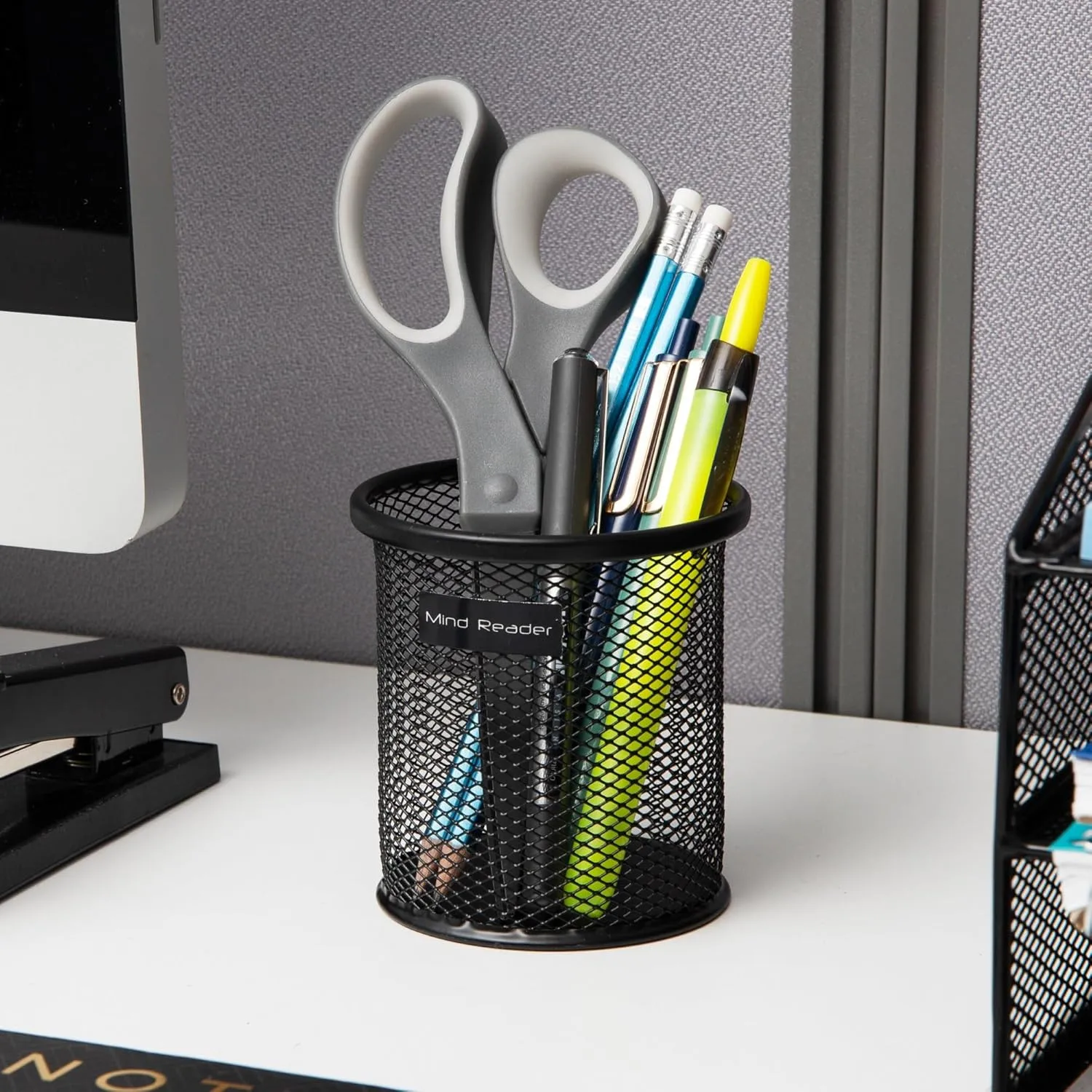 Mind Reader Pen and Accessories Holder, Desktop Organizer, Office, Metal Mesh, 3.5" L x 3.5" W x 3.75" H, Set of 3, Black