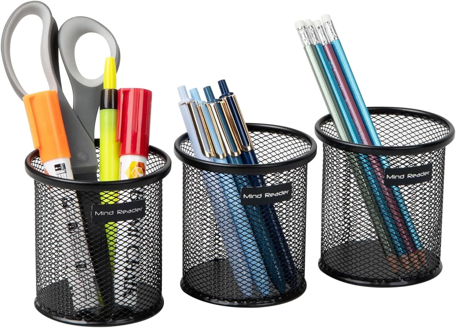 Mind Reader Pen and Accessories Holder, Desktop Organizer, Office, Metal Mesh, 3.5" L x 3.5" W x 3.75" H, Set of 3, Black