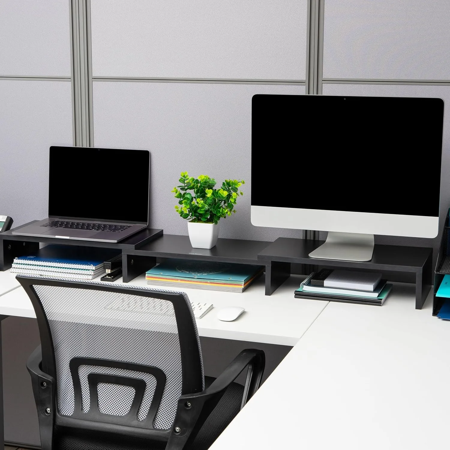 Mind Reader Dual Monitor Stand, Desktop Organizer, Laptop Riser, Office, MDF, 51.25" L x 9.25" W x 4.75" H, Black