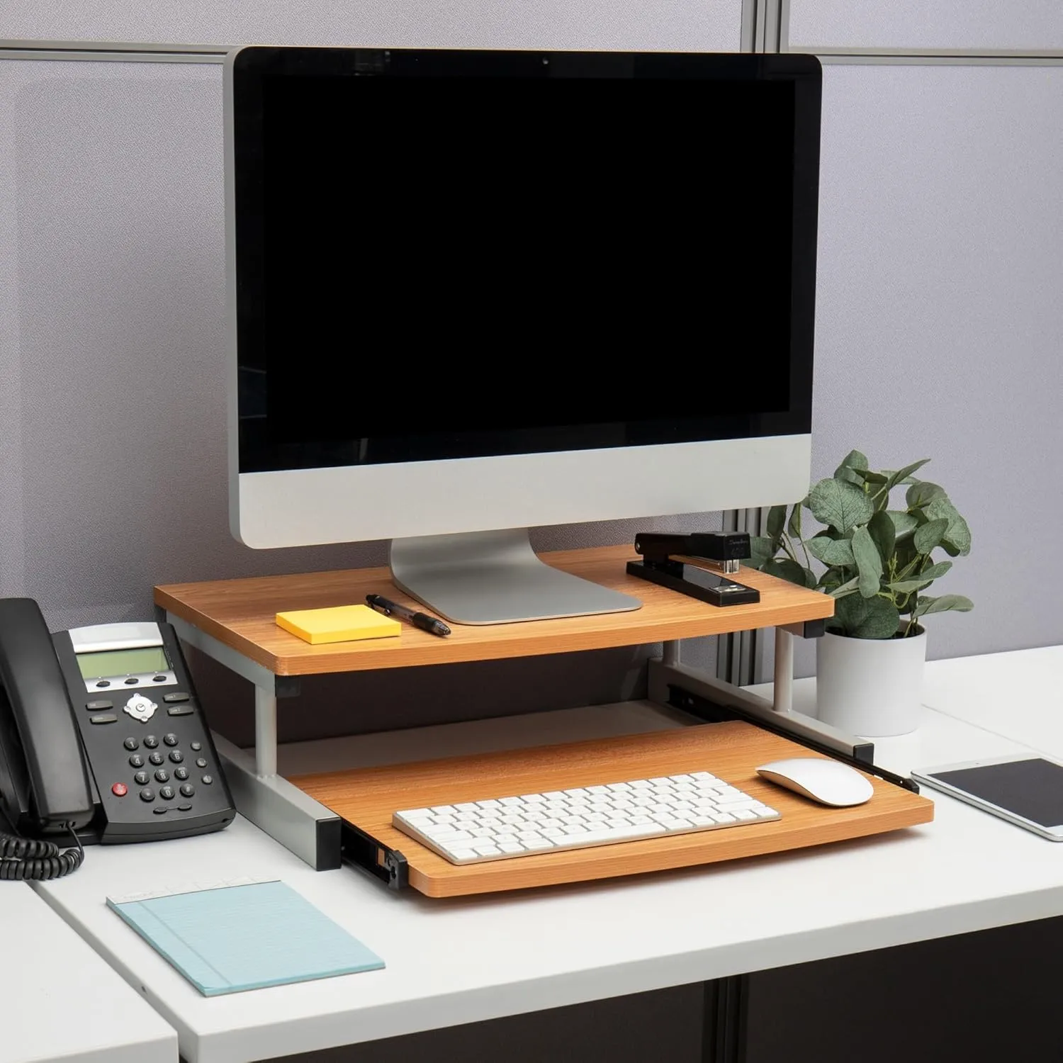 Mind Reader Monitor Stand, Sliding Keyboard Drawer, Laptop, Riser, Office, Wood/Metal, 20" L x 14.75" W x 5.9" H, Brown