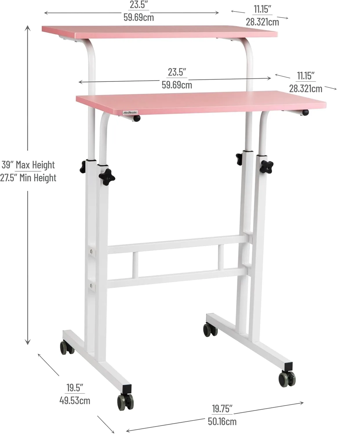 Mind Reader Standing Desk, Adjustable Height, Computer Desk, Laptop Desk, Portable, Rolling, 15" L x 22" W x 39" H, Pink