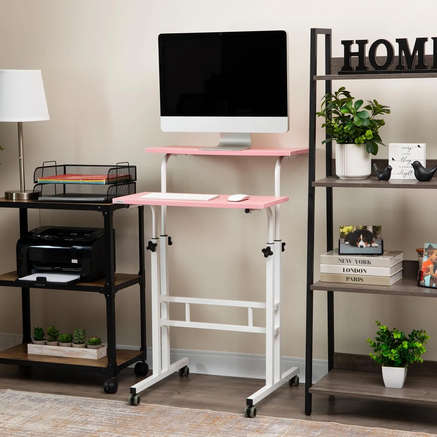 Mind Reader Standing Desk, Adjustable Height, Computer Desk, Laptop Desk, Portable, Rolling, 15" L x 22" W x 39" H, Pink