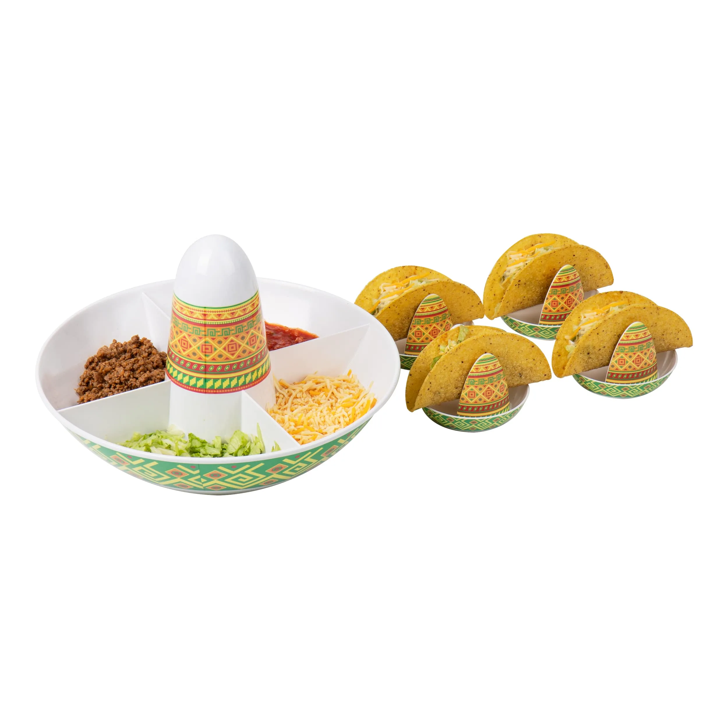 Mind Reader Taco Holders and Divided Serving Carousel Set, Taco Tuesday, Melamine, 12.5"L x 12.5"W x 8.25"H, 5 pcs