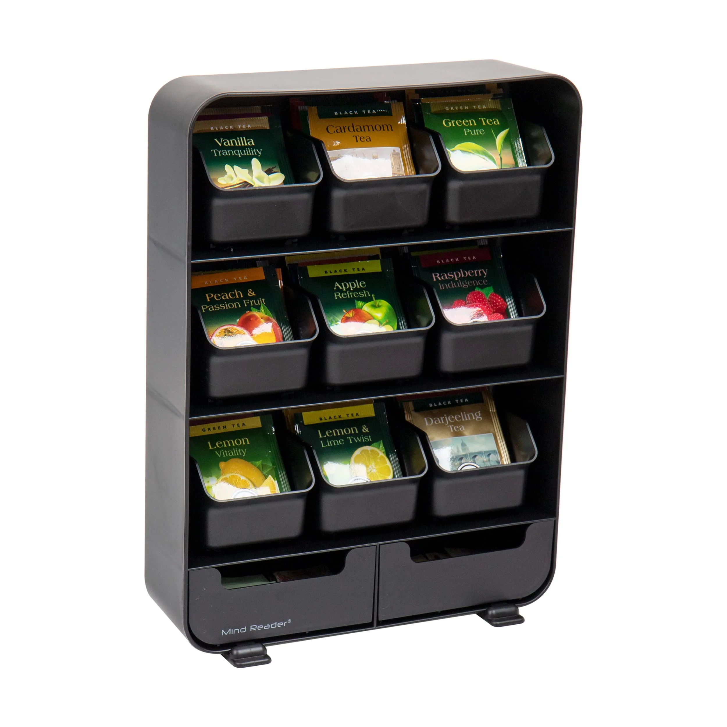 Mind Reader Tea Bag Organizer, Tea Station Organizer, Countertop Storage, Kitchen, Plastic, 10.25"L x 3.25"W x 13.75"H, Black