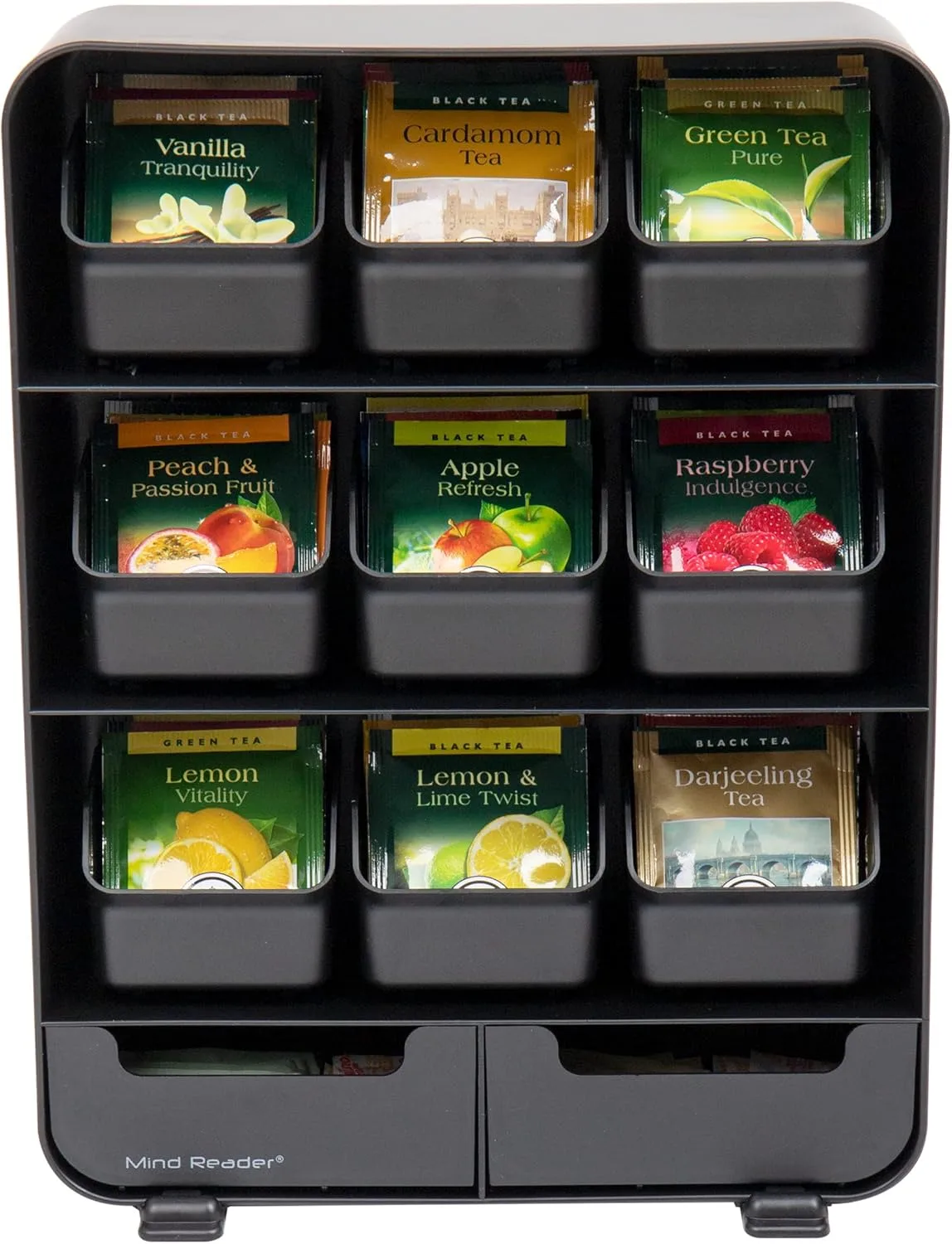 Mind Reader Tea Bag Organizer, Tea Station Organizer, Countertop Storage, Kitchen, Plastic, 10.25"L x 3.25"W x 13.75"H, Black