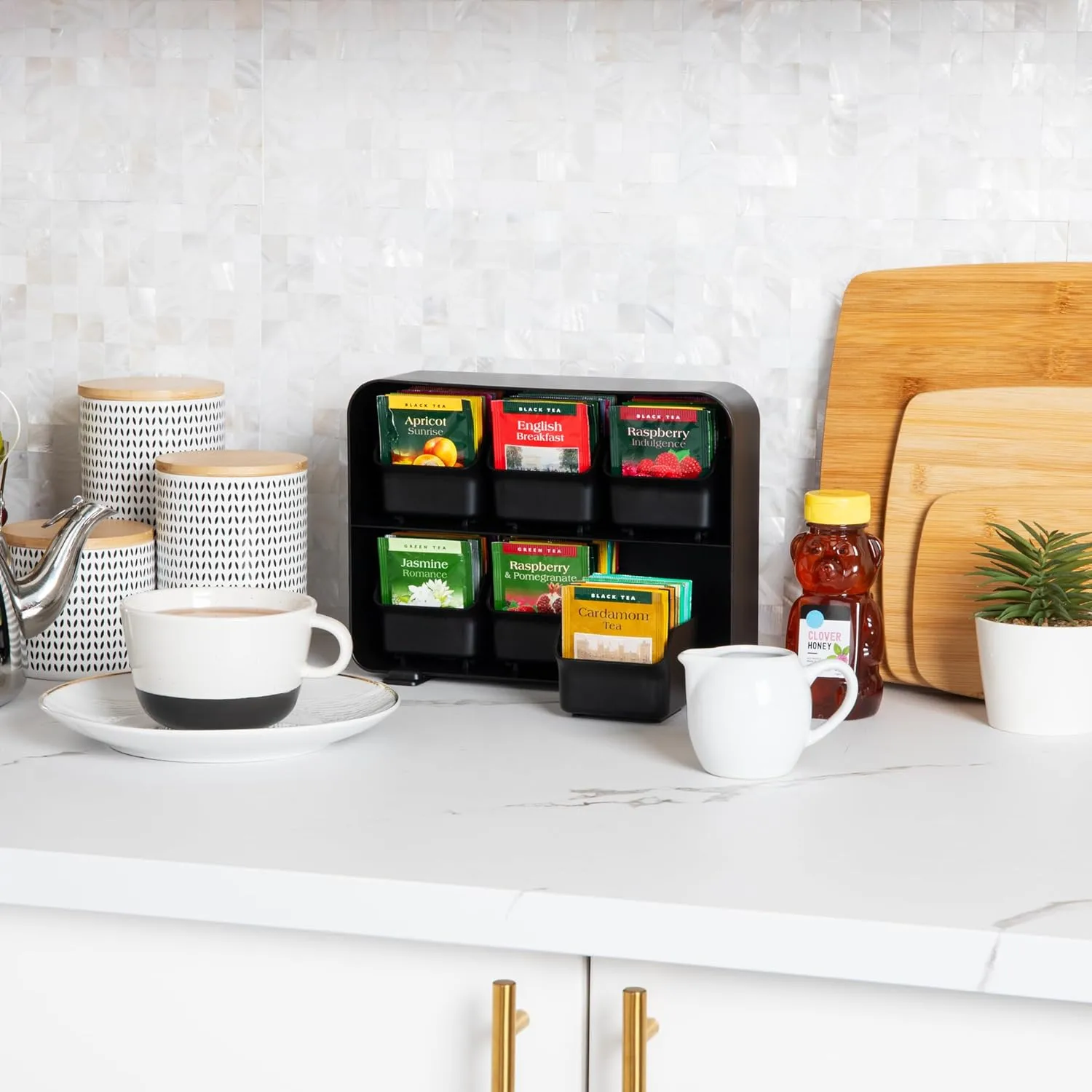Mind Reader Tea Bag Organizer, Tea Station Organizer, Countertop Storage, Kitchen, Plastic, 10.25 x 3.25 x 7.75 inches, Black
