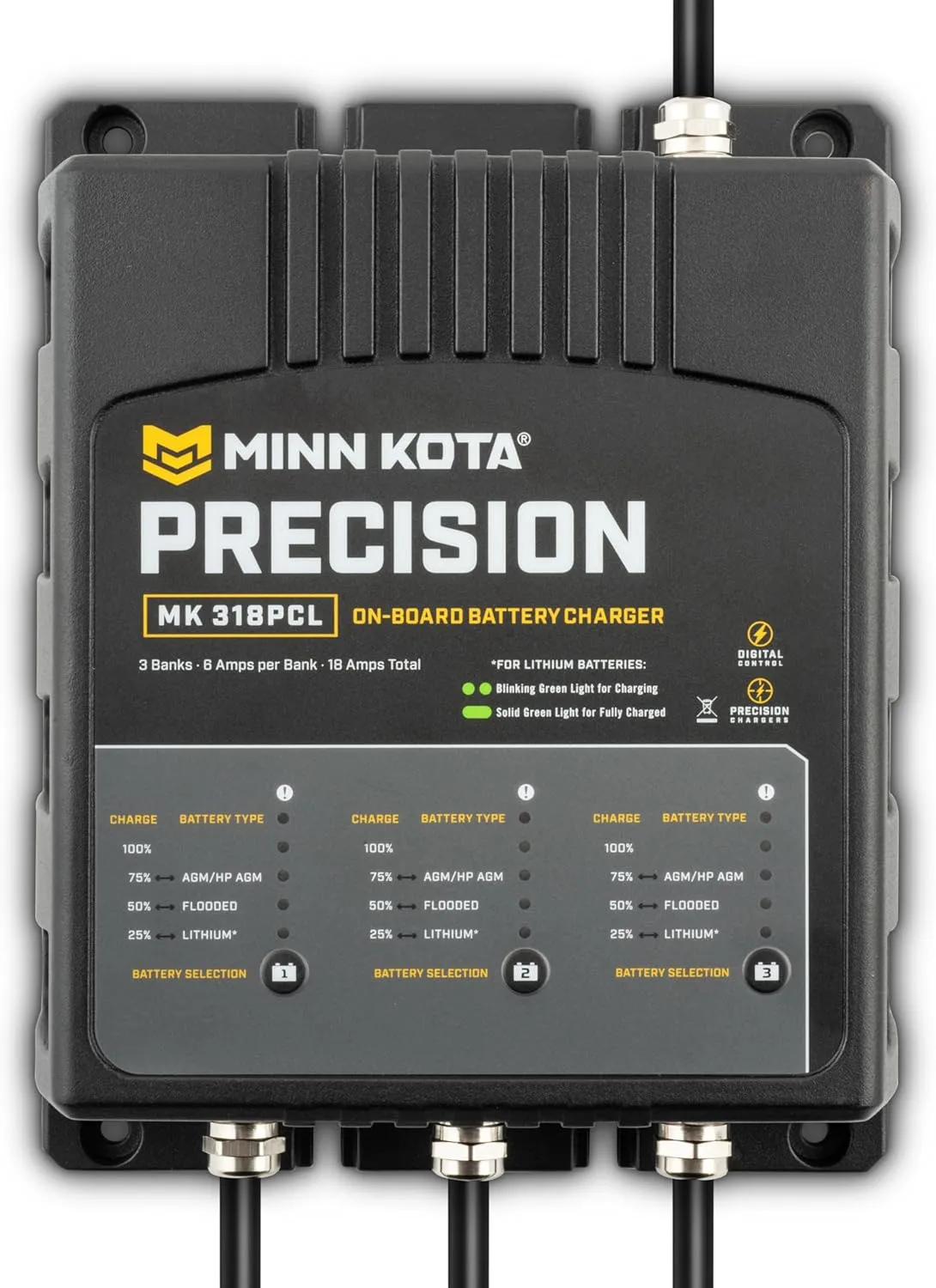 Minn Kota Precision MK-318PCL On-Board Battery Charger with 3 Charging Banks, 6 Amps per Bank