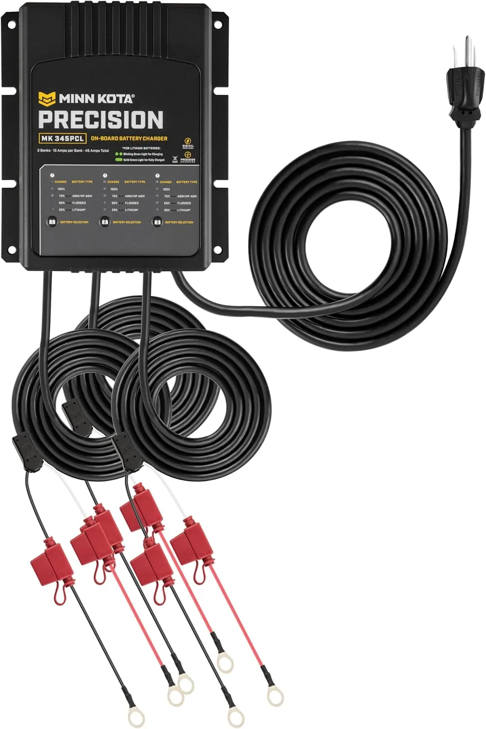 Minn Kota Precision MK 345PCL On-Board Battery Charger with 3 Charging Banks, 15 Amps per Bank