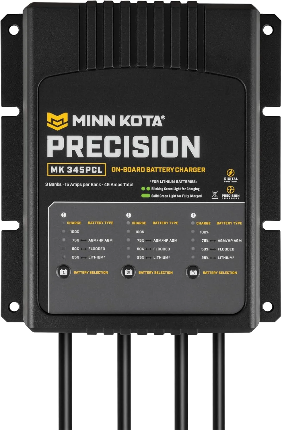 Minn Kota Precision MK 345PCL On-Board Battery Charger with 3 Charging Banks, 15 Amps per Bank