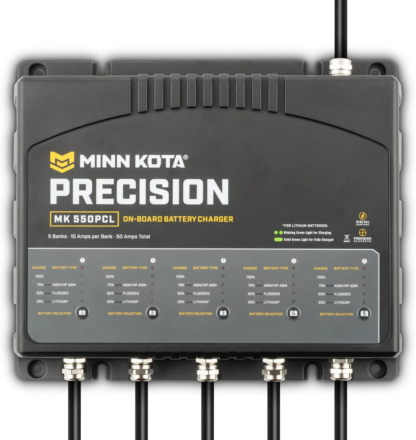 Minn Kota Precision MK-550PCL On-Board Battery Charger with 5 Charging Banks, 10 Amps per Bank