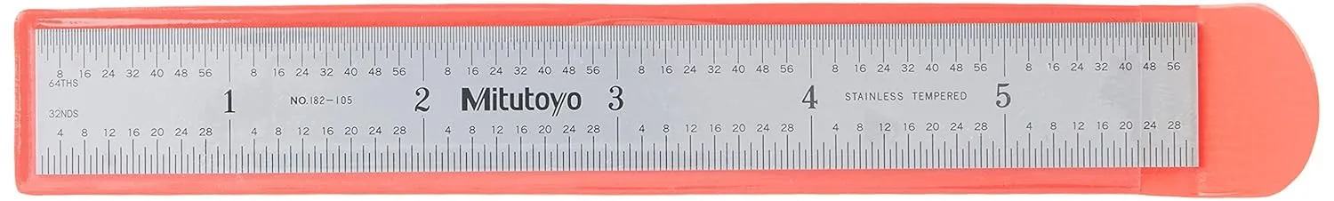Mitutoyo 182-105, Steel Rule, 6" X 150mm, (1/32, 1/64", 1mm, 1/2mm), 3/64" Thick X 3/4" Wide