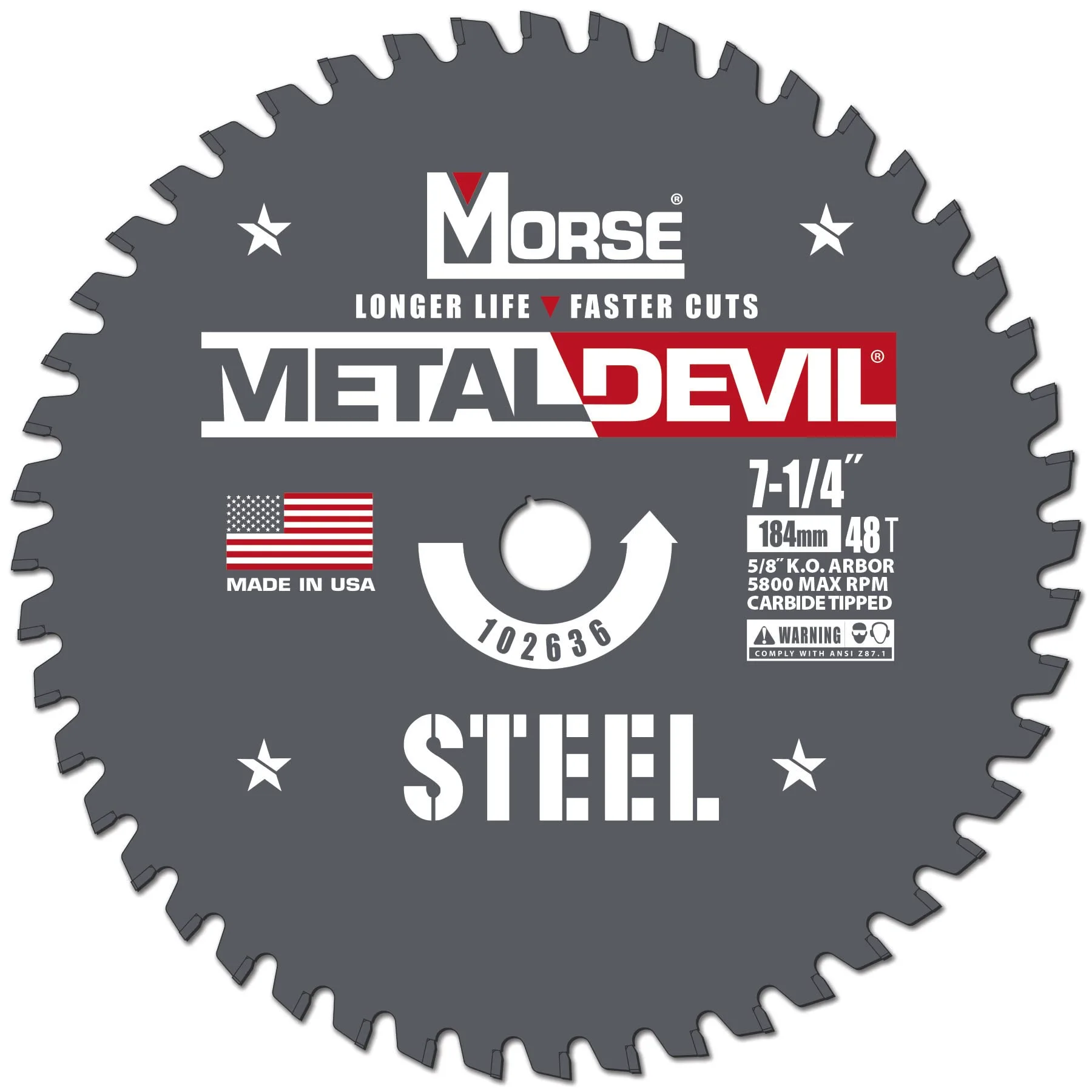 Morse Metal Devil CSM7254858FSC Circular Saw Blade, Carbide Tipped, Steel Cutting, 7-1/4 inch