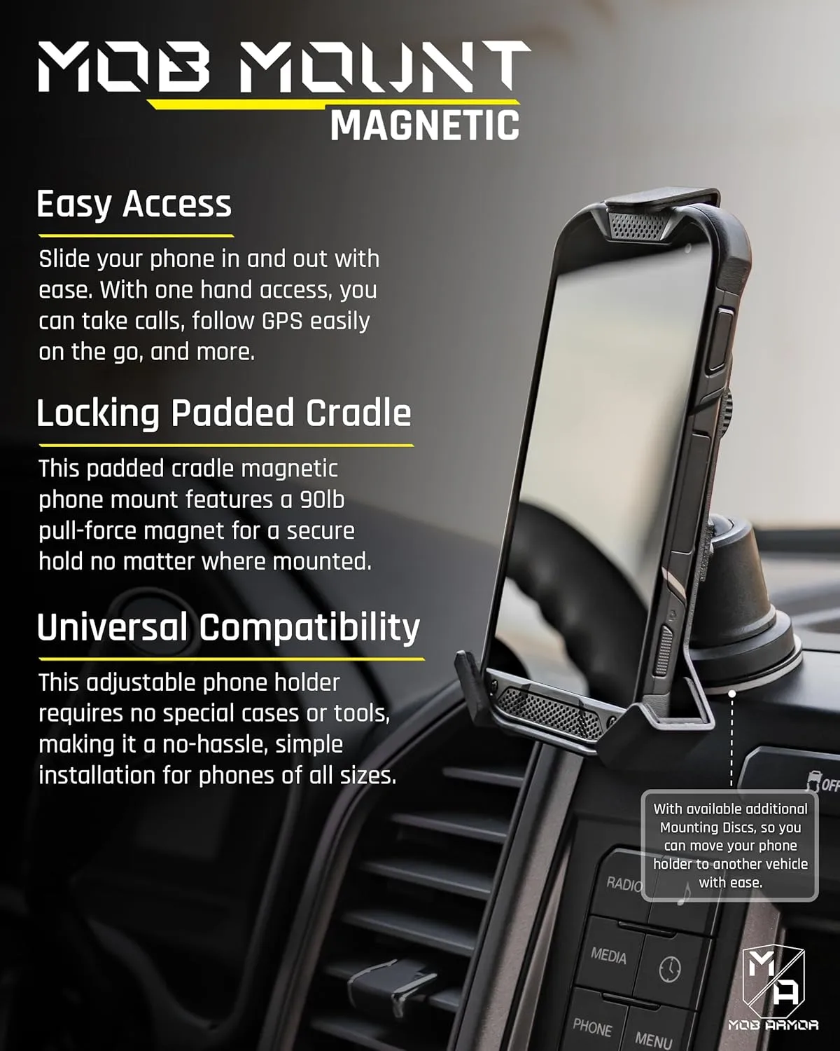 Mob Armor Heavy Duty Magnetic Phone Mount for Car - Large Black