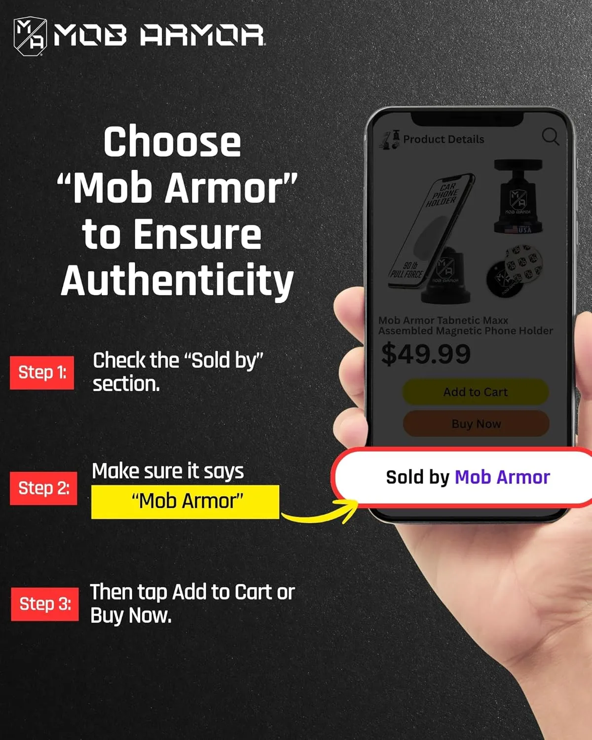 Mob Armor MobNetic Maxx Magnetic Car Phone Mount, 90° Tilt, 360° Rotation, Aluminum - Black