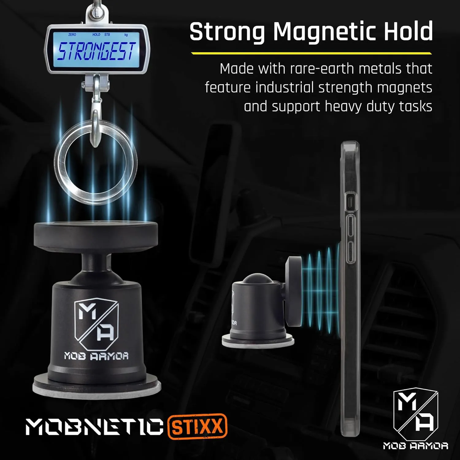 Mob Armor MobNetic Stixx - Phone Holder for Your Car, Magnetic Phone Mount for Trucks, Jeeps, and More - 90º Tilt & 360º Rotation, Compatible with iPhone & Android Smartphones