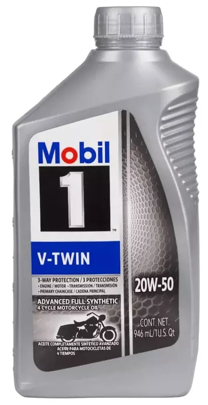 Mobil 1 Motor Oil, V-Twin, 20W50, Synthetic, 1 qt Bottle, V-Twin Motorcycles, Each 1 Quart (32 Ounces)