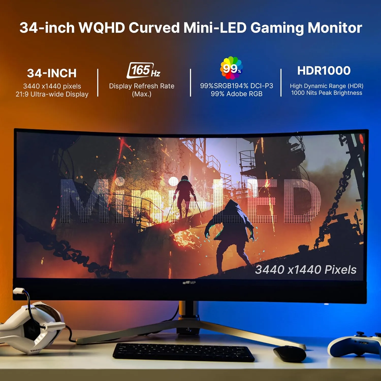 Mobile Pixels 34" Mini-LED Curved Gaming Monitor, WQHD 3440x1440 165Hz 1ms, HDR1000, 99% sRGB/Adobe RGB, 90W USB-C, FreeSync Premium, Built-in Speakers