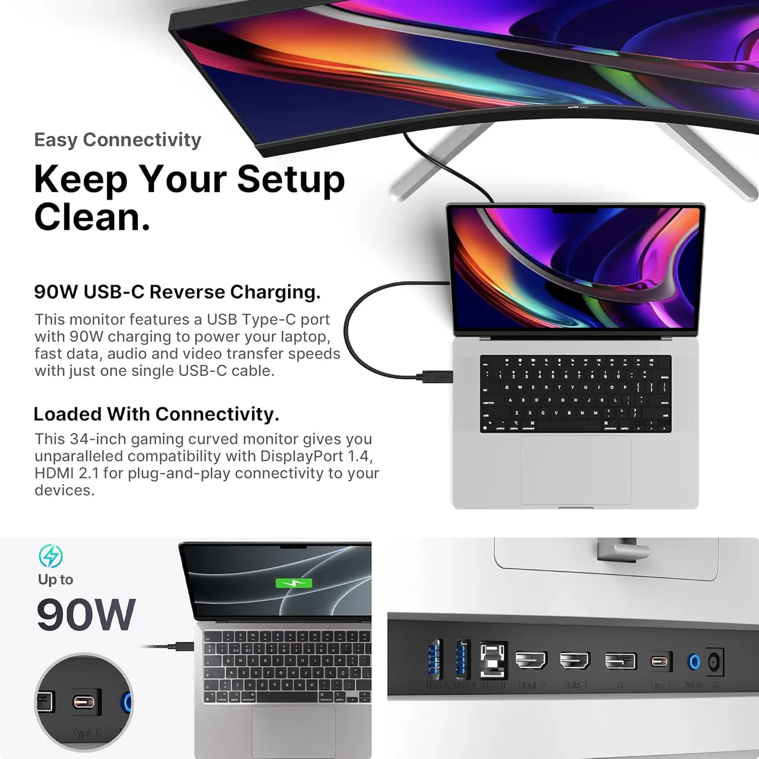 Mobile Pixels 34" Mini-LED Curved Gaming Monitor, WQHD 3440x1440 165Hz 1ms, HDR1000, 99% sRGB/Adobe RGB, 90W USB-C, FreeSync Premium, Built-in Speakers
