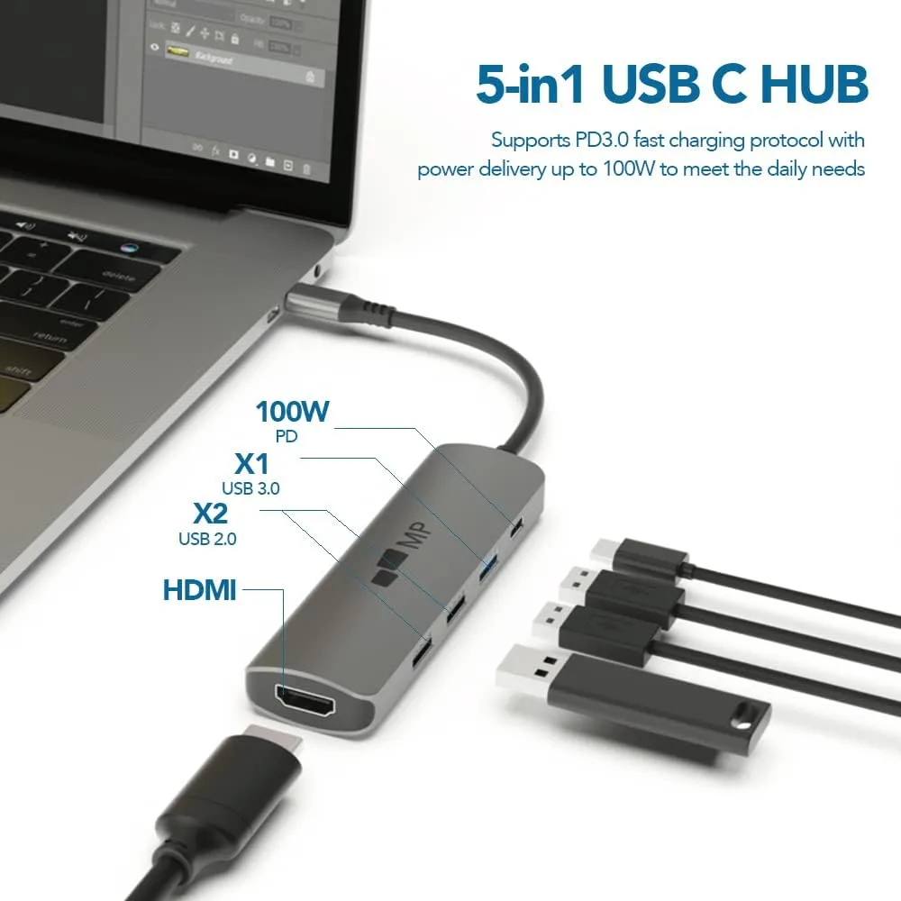 Mobile Pixels 5-in-1 USB C Hub Multiport Adapter with 4K HDMI, 100W PD