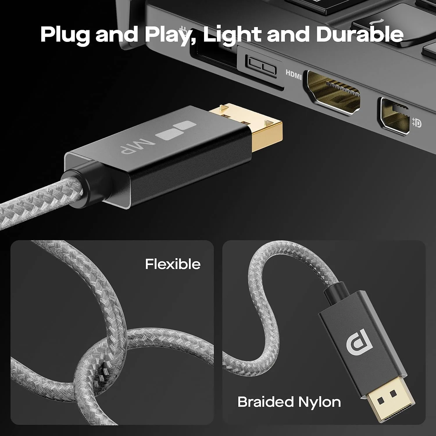 Mobile Pixels 8K DisplayPort 6ft Cable, DP 1.4 Cable (8K@60Hz, 4K@144Hz) HBR3 Support 32.4Gbps, HDR, HDCP 2.2, FreeSync G-Sync (Black)