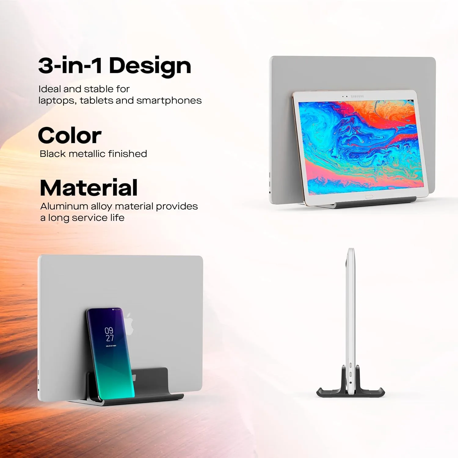 MP Mobile Pixels Upright Laptop Cradle Stand 3-in-1 Design, Adjustable Desktop Aluminum Stand for Smartphones, Tablets