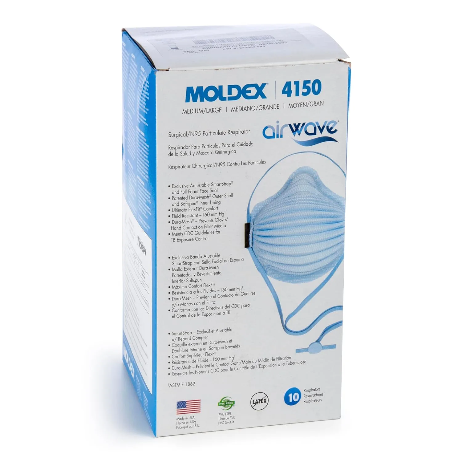 Moldex 4150 N95 AirWave® Disposable Healthcare Surgical Particulate Respirator, Size Medium/Large, NIOSH Approved